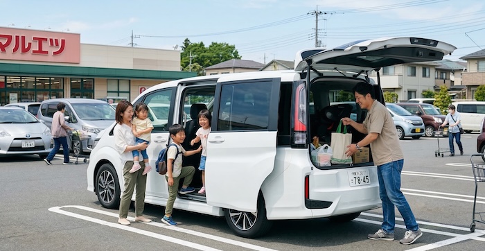 ファミリーカーで買い物している様子